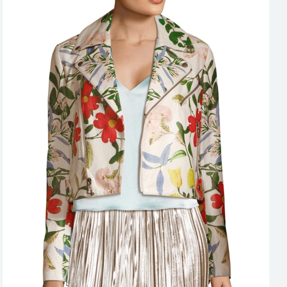 Alice + Olivia Red and Green Floral Biker Jacket